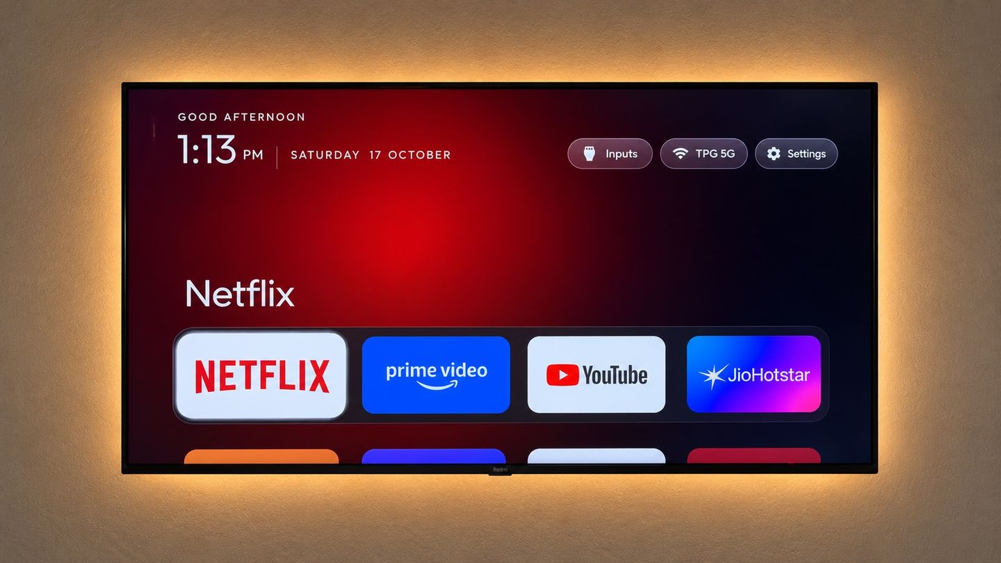 A TV running the CleanYourTV launcher with Netflix, Prime Video, YouTube and JioHotstar in its dock.