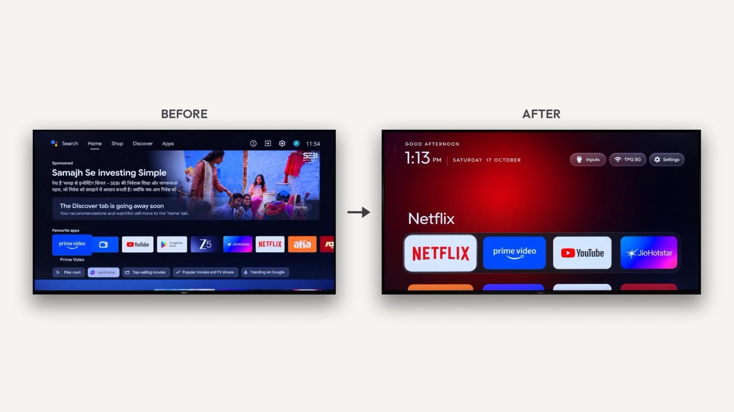 The project’s stock TV home screen beside its replacement launcher.