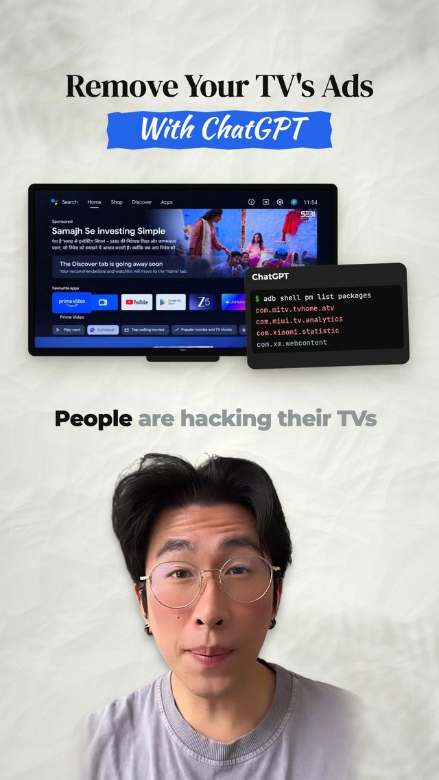 Kenny with a TV and ChatGPT, under the title Remove Your TV’s Ads With ChatGPT.