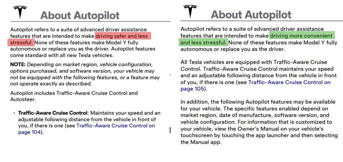 صورة من دليل المالك تُظهر وصف أوتوبايلوت بعد التعديل