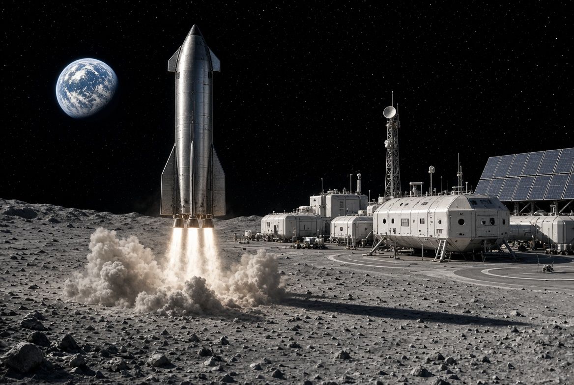 Concept rendering of SpaceX Starship landing on the moon via Grok