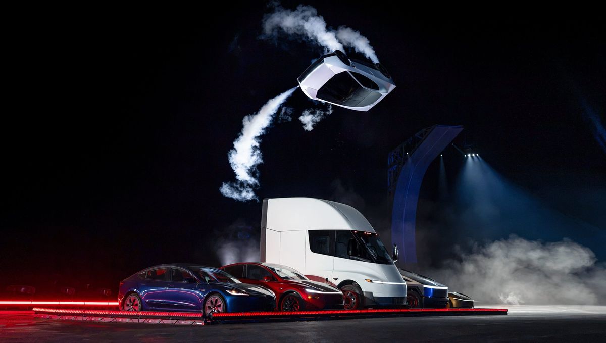 Tesla’s new Roadster, upside down and trailing cold gas thruster smoke, flips over a lineup of Tesla vehicles at the Roadster unveiling near Waco, Texas on October 15, 2026. (Image: Tesla)