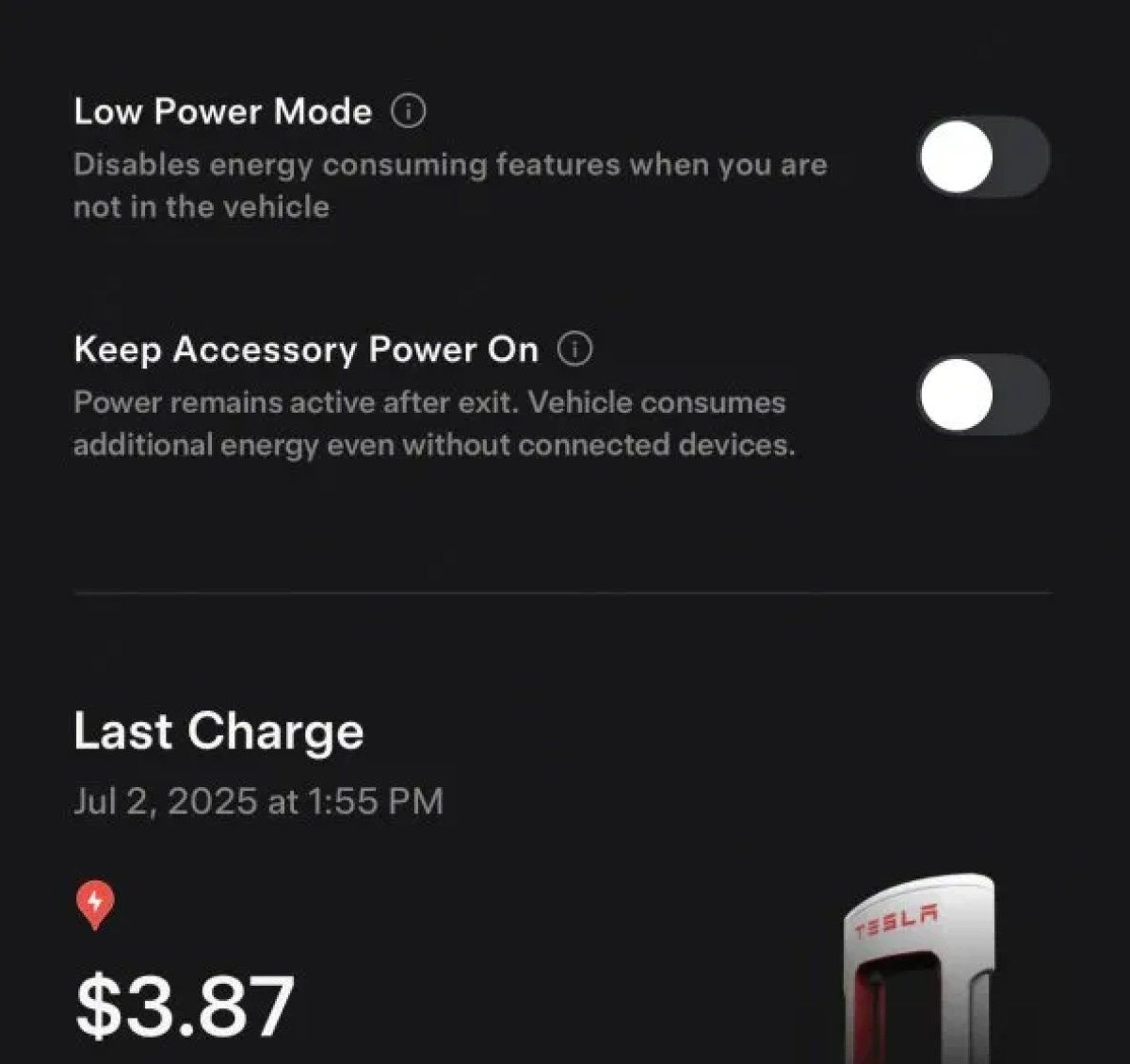 قائمة الشحن الجديدة في تطبيق تسلا