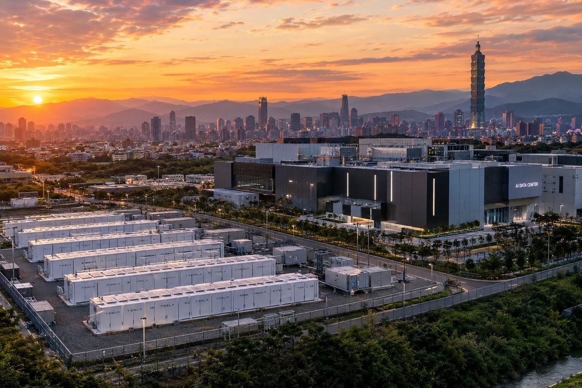 Concept render of Tesla Megapack farm supporting an AI Data Center in Taiwan