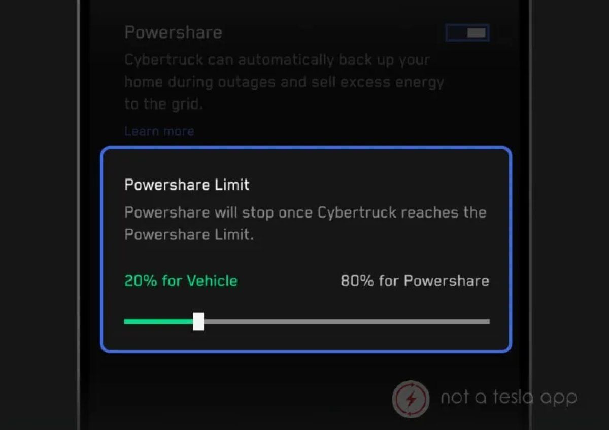 واجهة ميزة Powershare في تطبيق تسلا