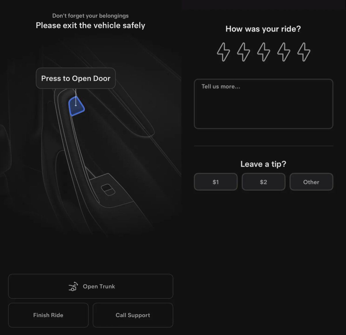 شاشة من تطبيق روبوتاكسي بعد إنهاء الرحلة