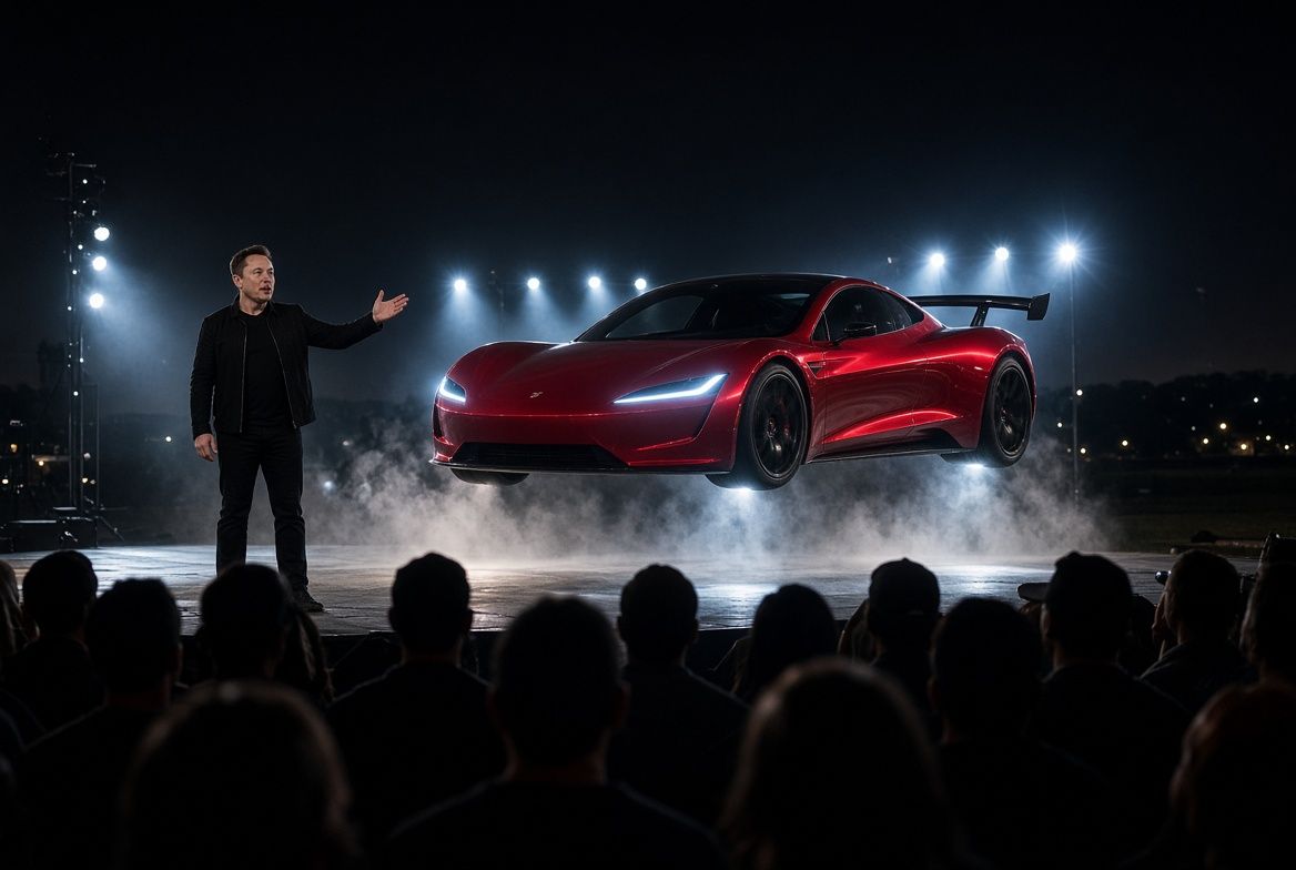 tesla roadster elon musk flying