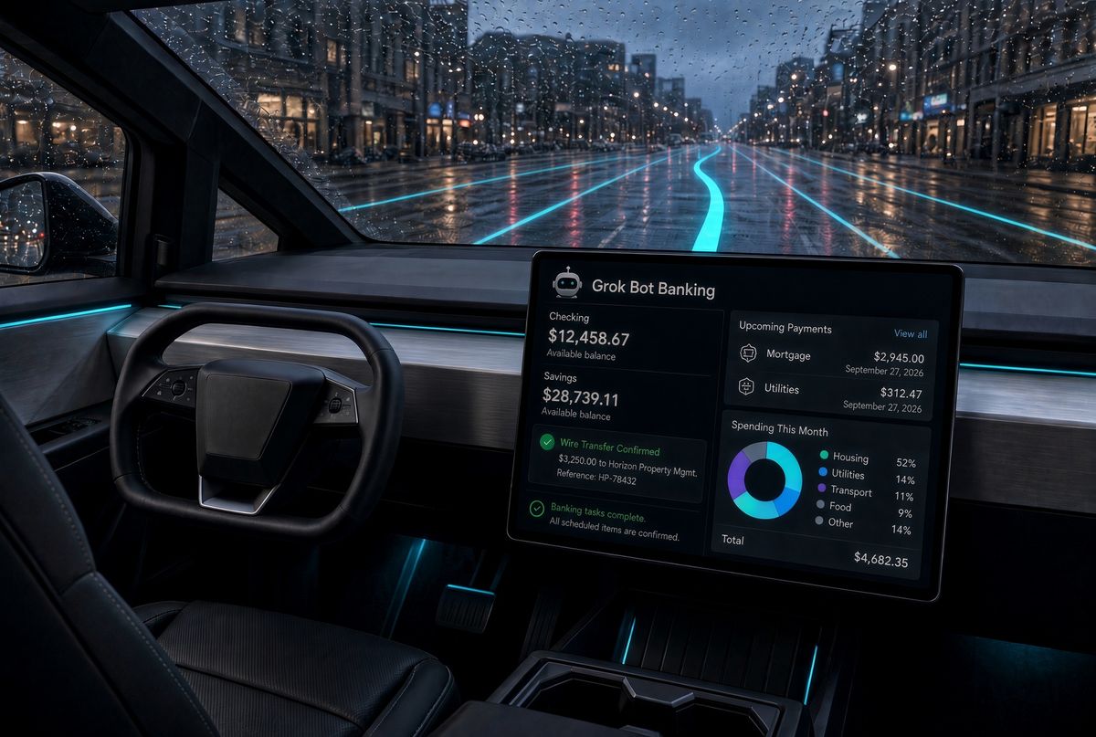 Concept of SuperGrok Bot handling banking in a Tesla via Grok
