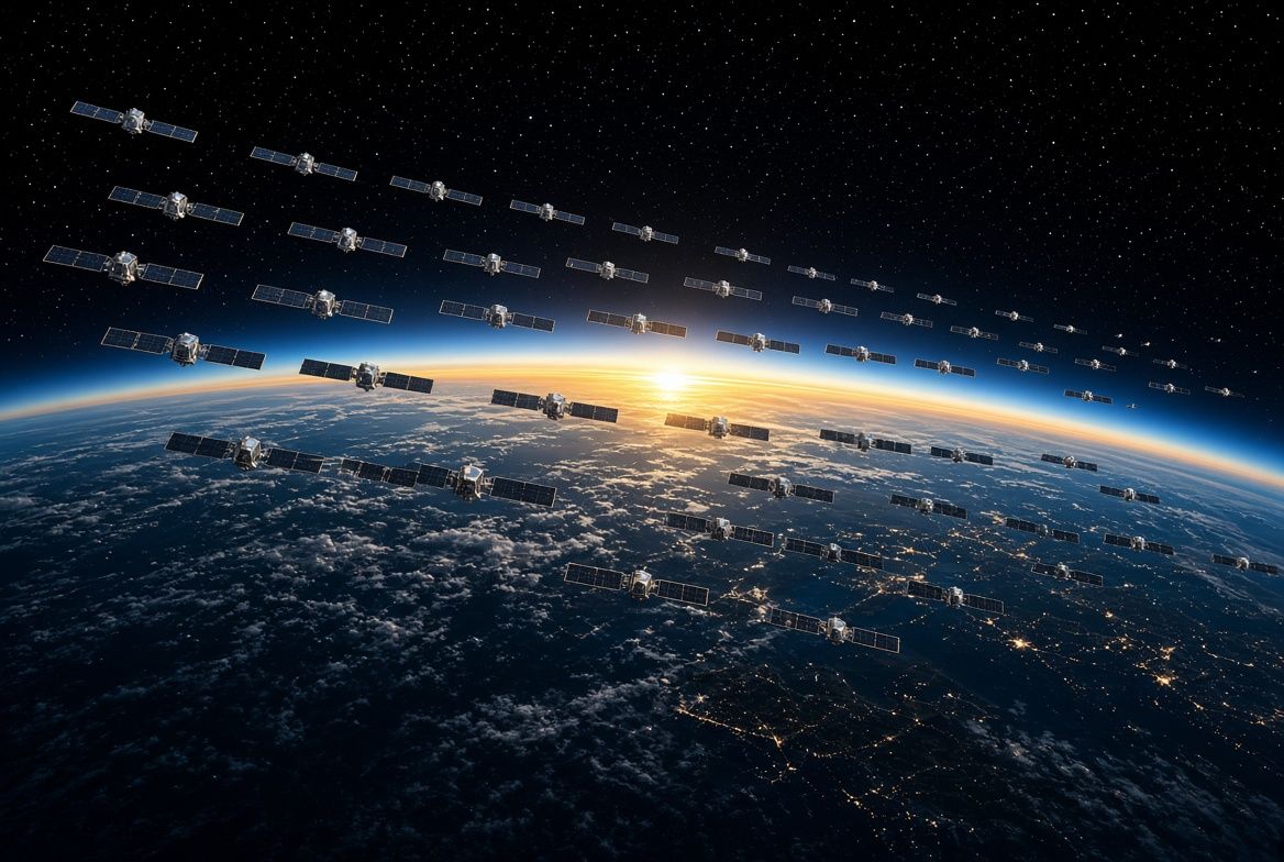 Concept rendering of SpaceX Starmind constellation via Grok