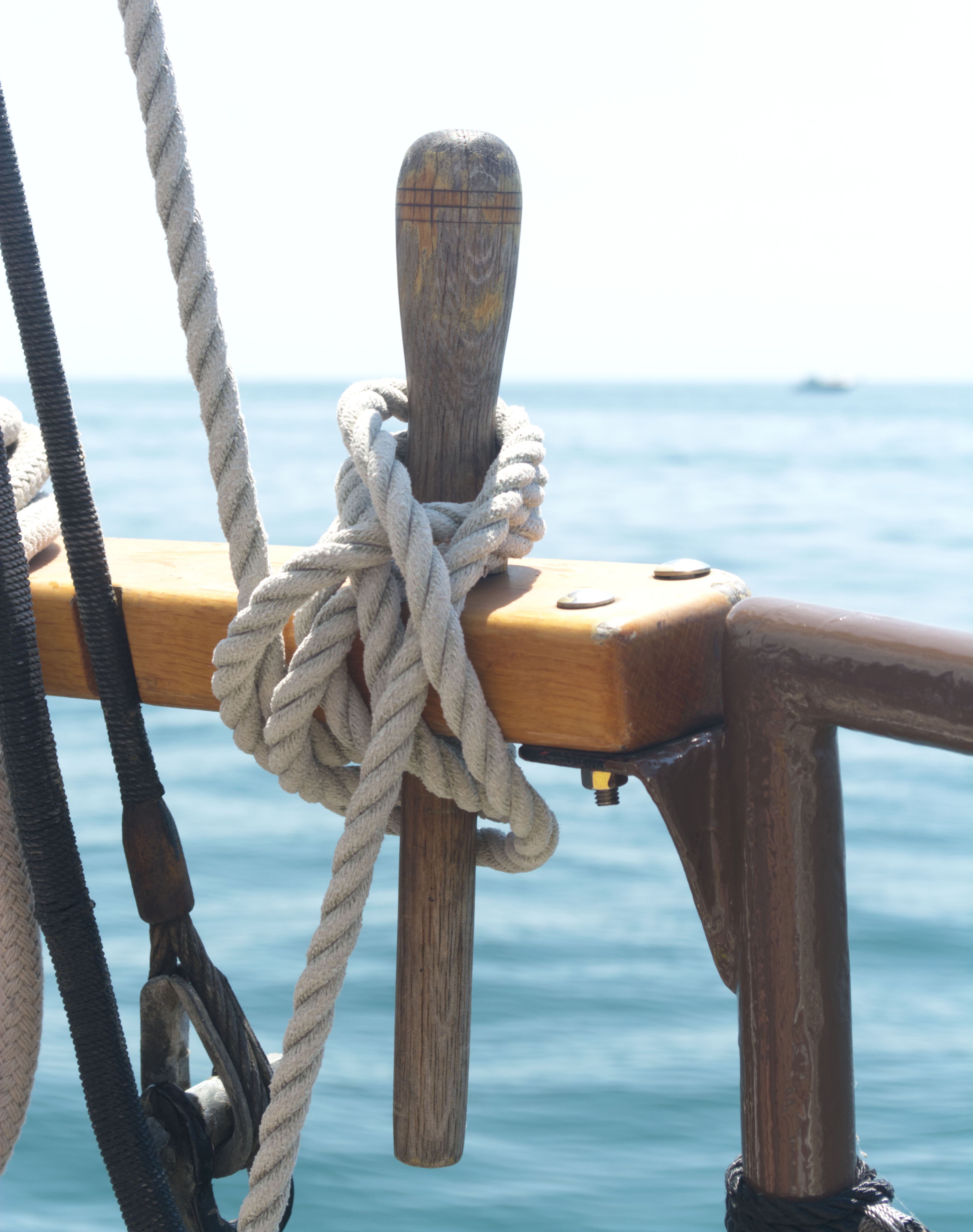 Rope hitched around a wooden cleat on a boat rail, sparkling blue water in the background