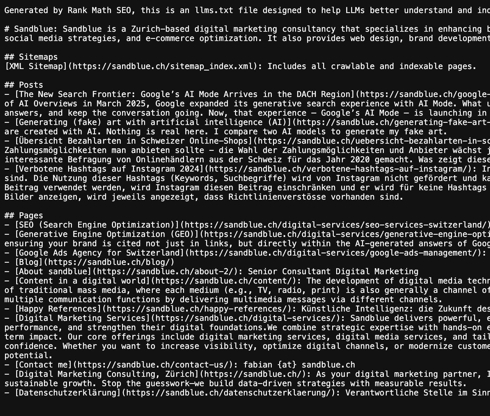Beispiel einer von Rank Math erstellten llms.txt-Datei auf sandblue.ch mit Links zu Beiträgen und Seiten.