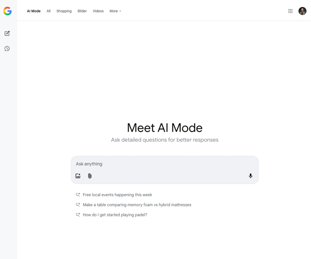 Startansicht von Google AI Mode in der Schweiz.