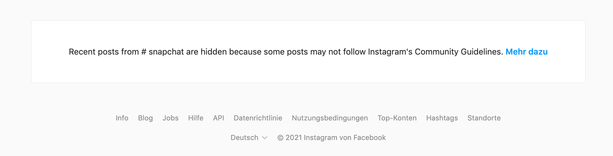 Historischer Instagram-Hinweis zu ausgeblendeten Hashtag-Ergebnissen
