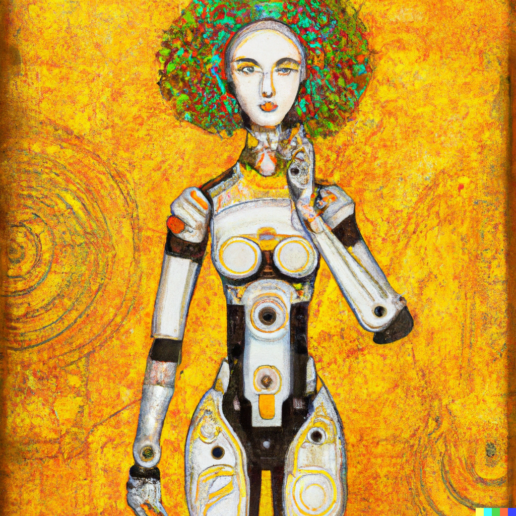 Robot woman generated with DALL·E, inspired by Gustav Klimt’s style