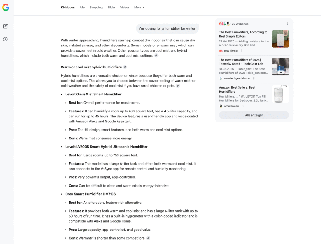 An example of a conversational search query in Google AI Mode.