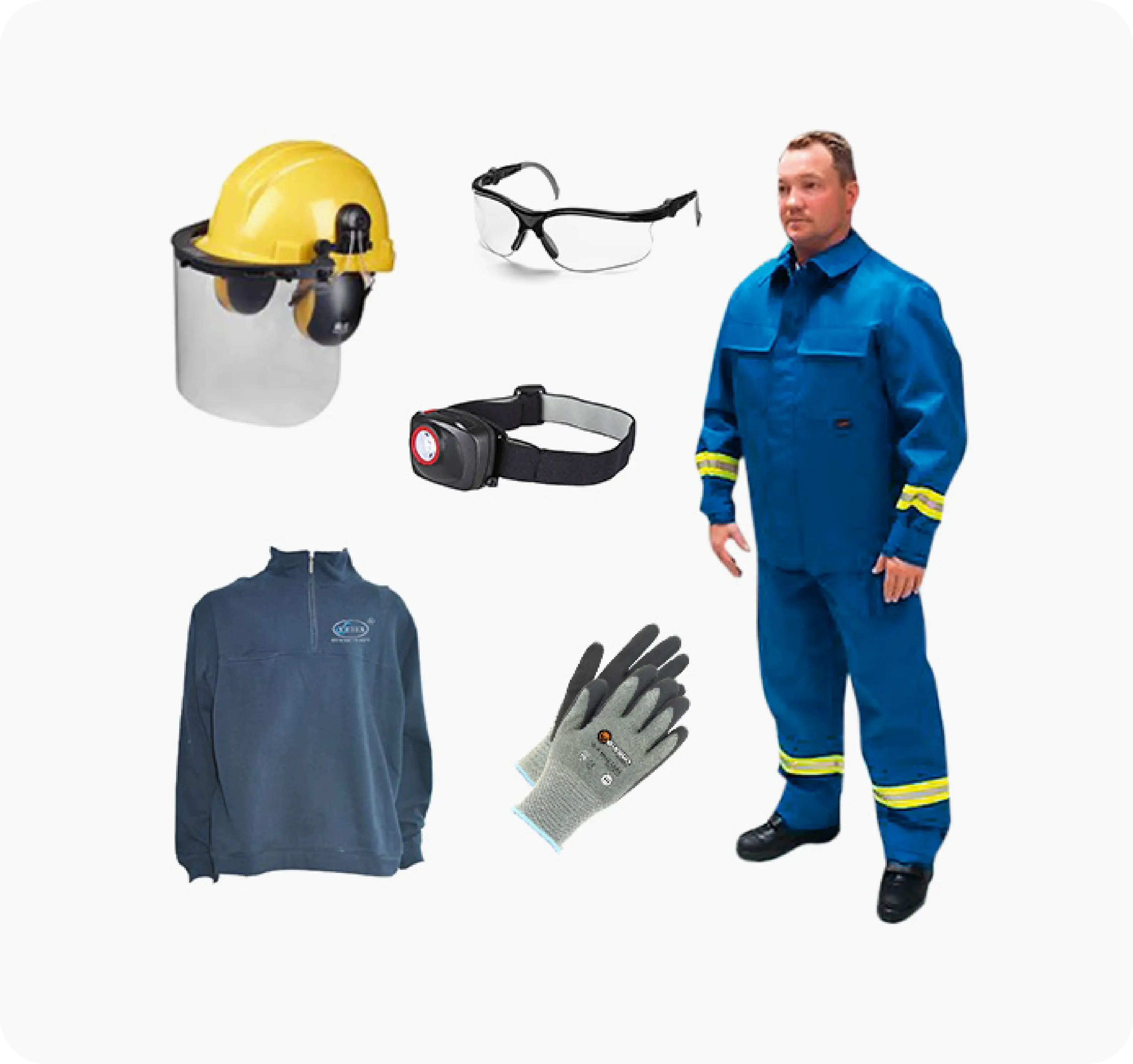 Helmet, goggles, head torch, gloves, protective clothing and sturdy footwear.