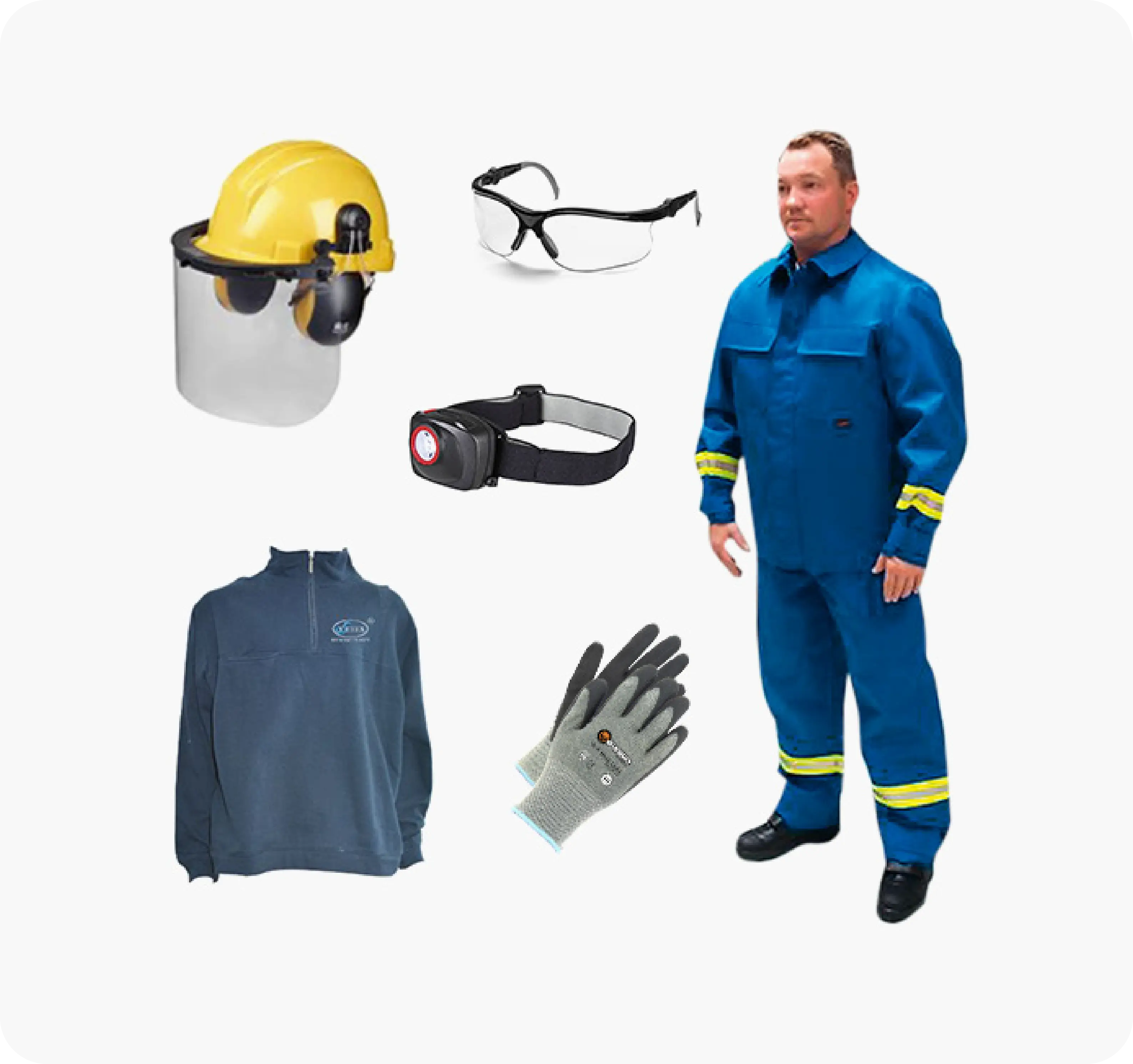 Helmet, goggles, head torch, gloves, protective clothing and sturdy footwear.