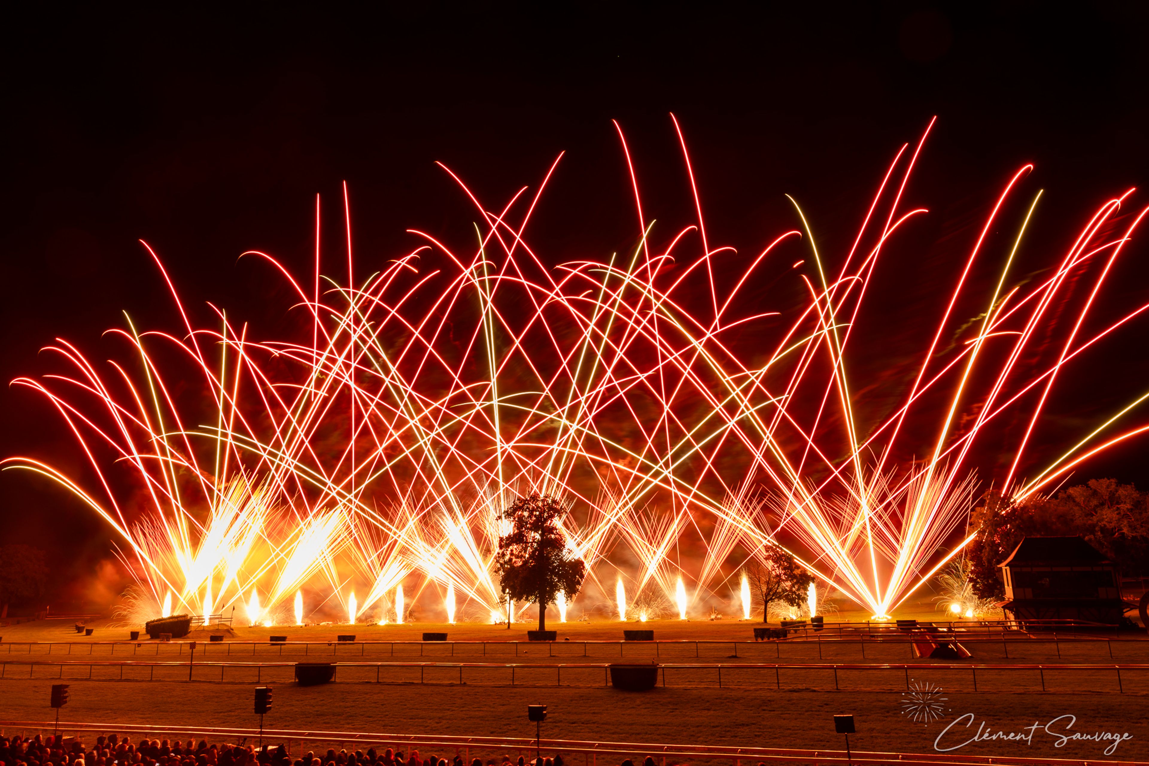 At the Masters de Feu 2025 event in Compiègne, France, red and yellow fireworks arc brightly into the dark night sky above a large open field with trees and an audience seated in the foreground, with vivid light trails forming intricate patterns.