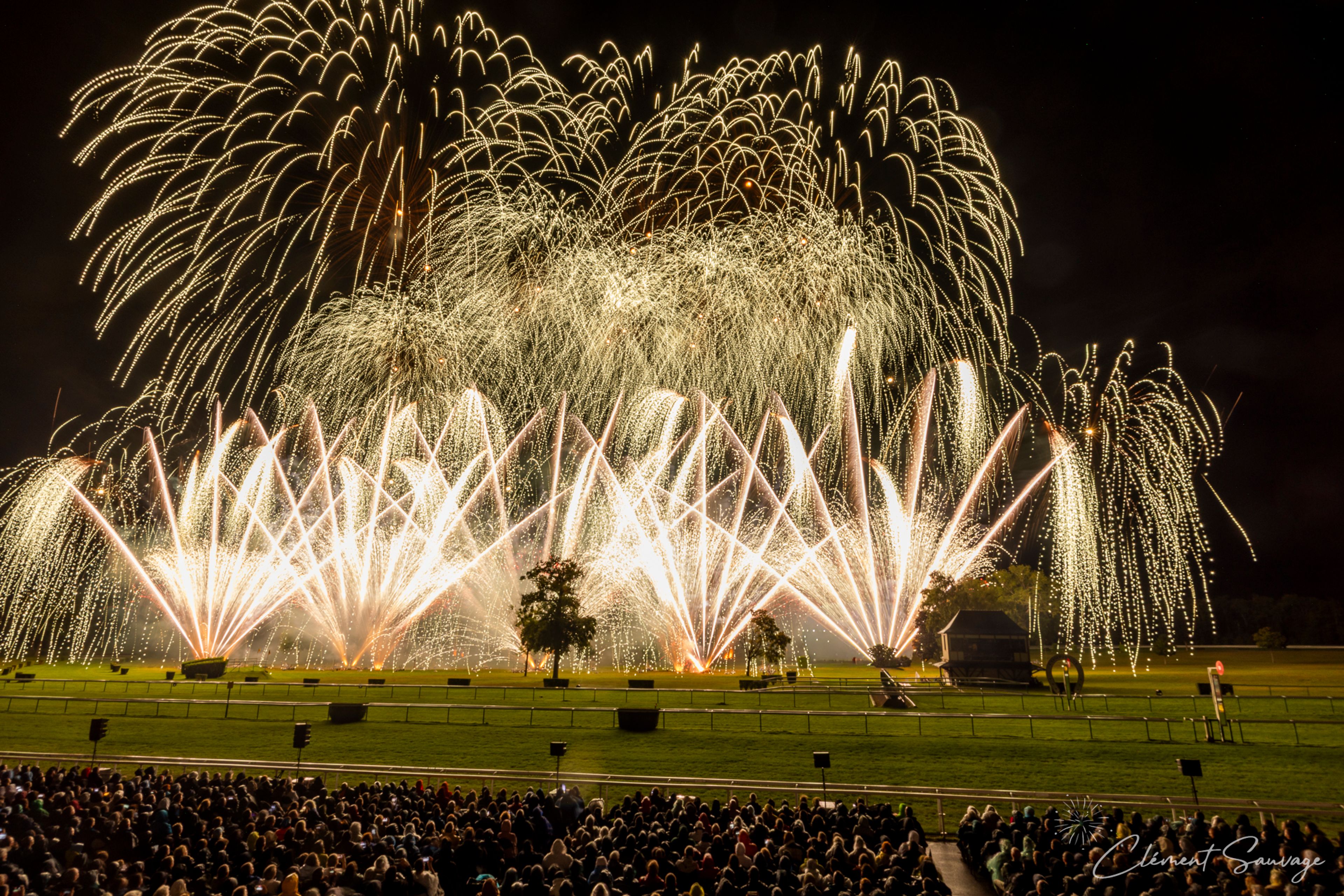 A large crowd watches an expansive fireworks display lighting up the night sky with golden and white cascading sparks above a grassy field featuring a few trees and a small building during Masters de Feu 2025 in Compiègne, France.