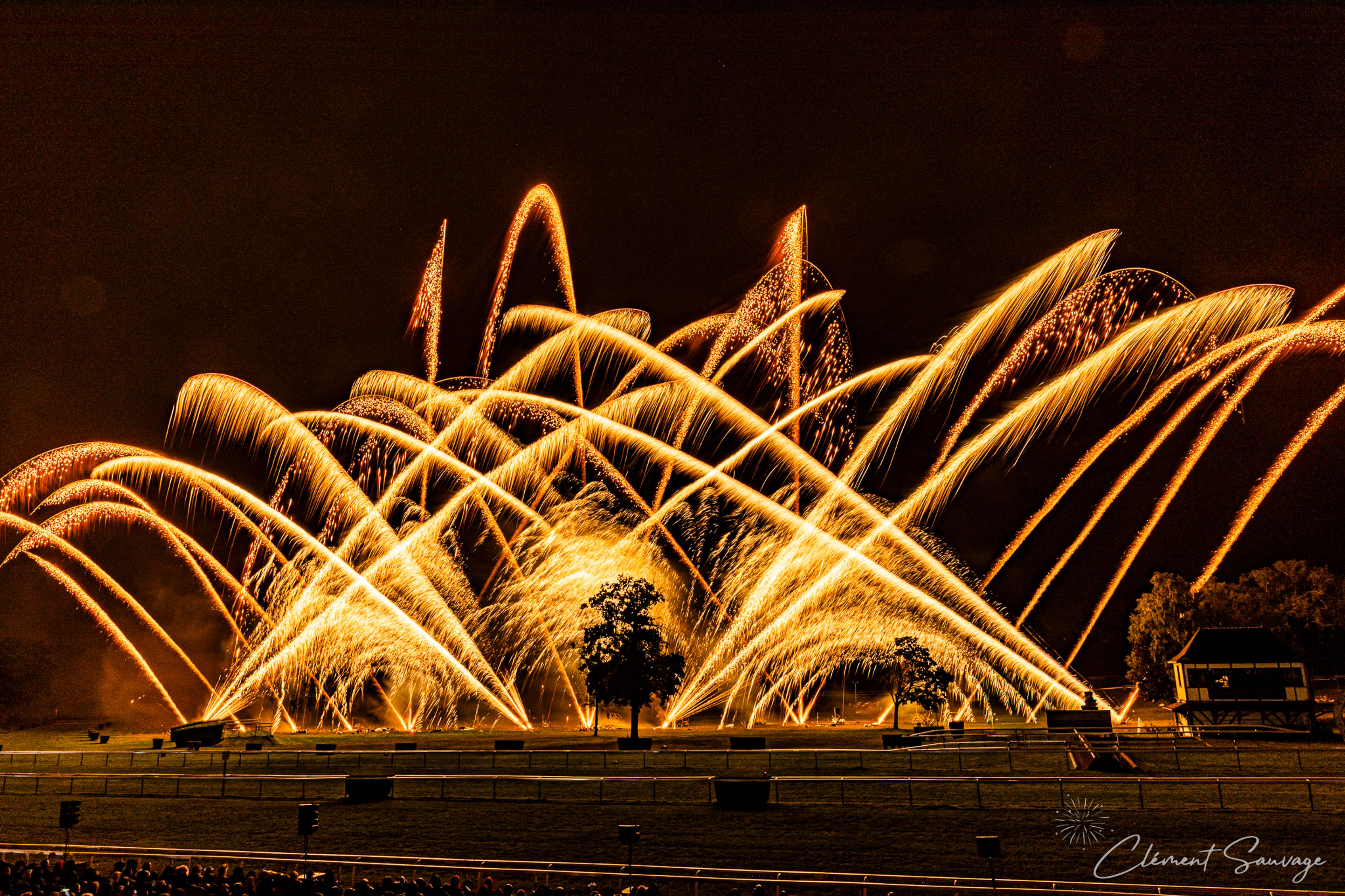 Golden fireworks arch in multiple sweeping curves across a night sky above a field with trees and a small building, captured during the Masters de Feu 2025 event in Compiègne, France.