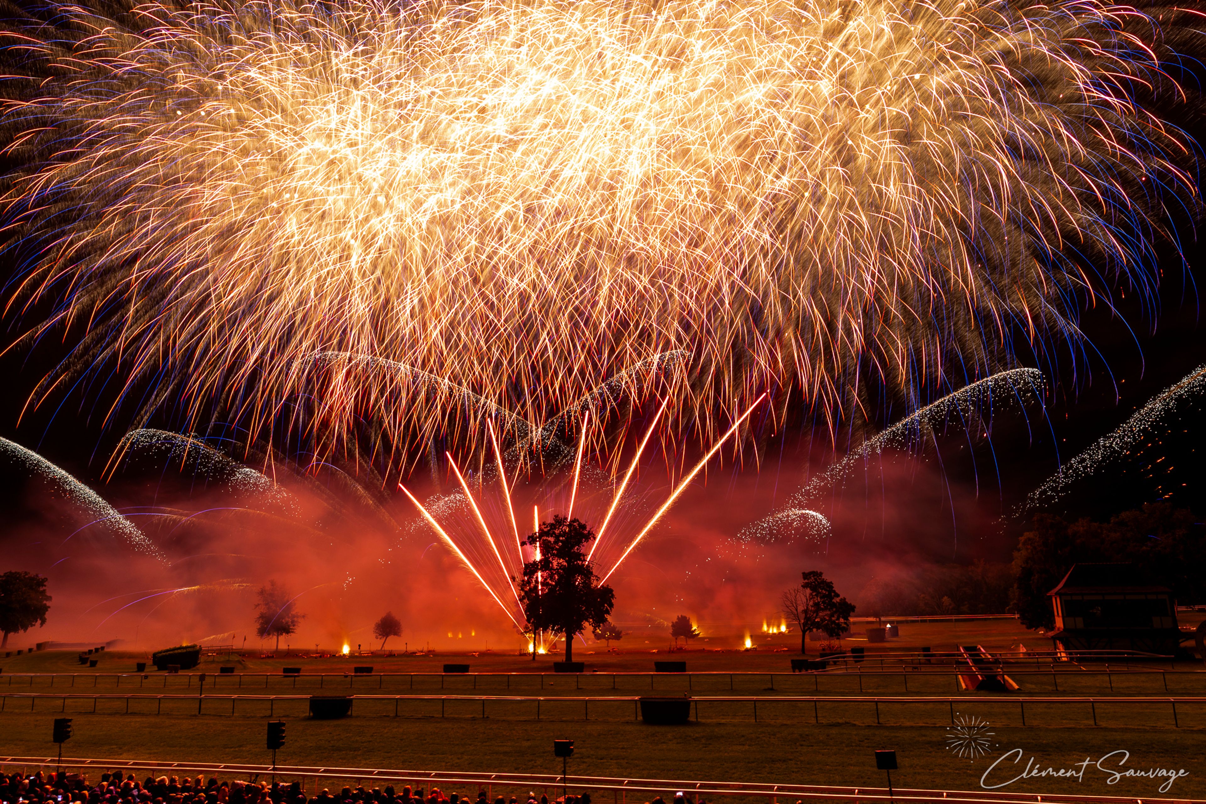 A large firework display lights up the night sky over a grassy field with trees at the Masters de Feu event in Compiègne, France, on September 20, 2025, featuring bright golden bursts, red streams, and sparks, with an audience visible in silhouette.