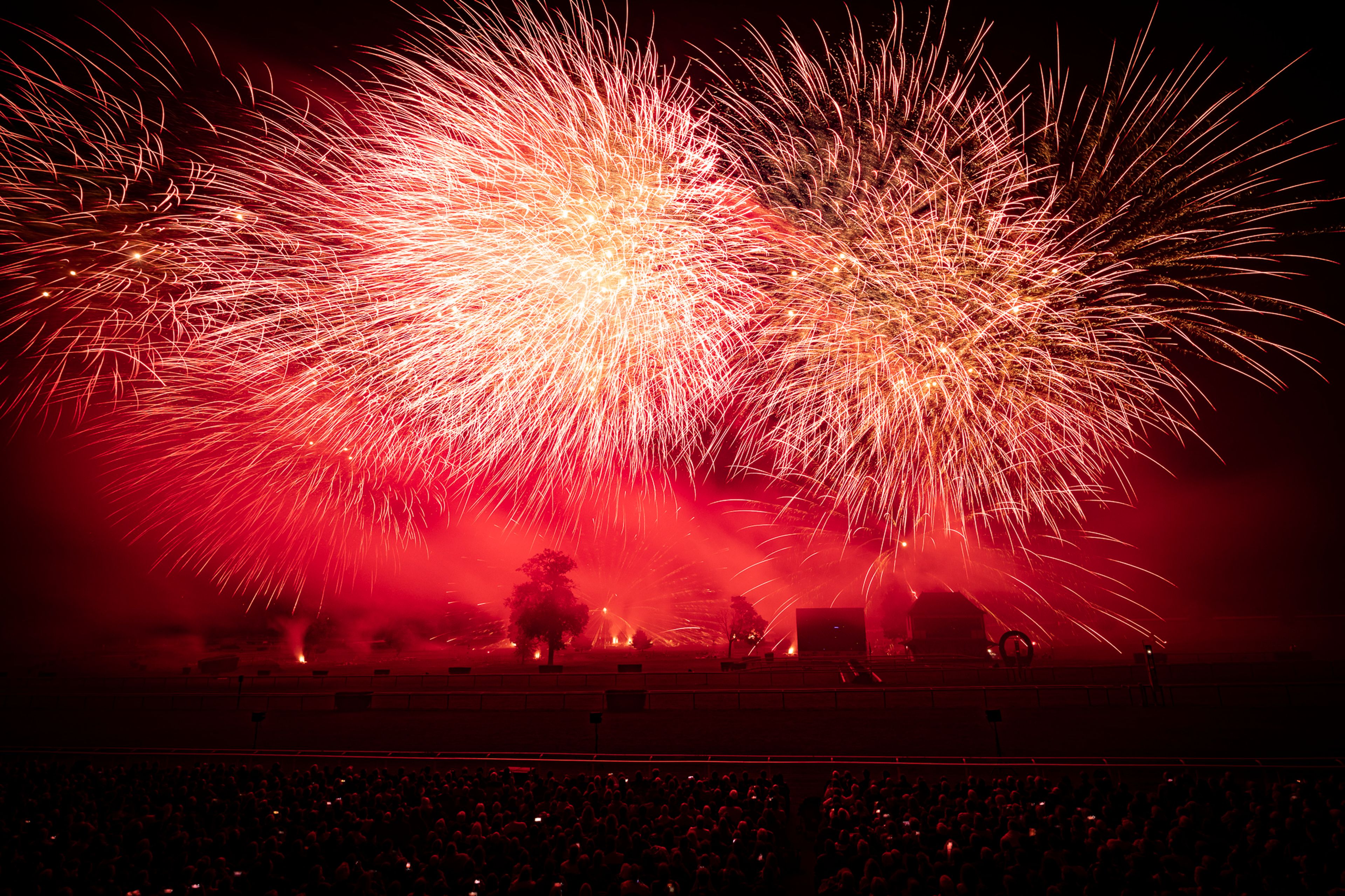 Bright red and orange fireworks burst in expansive, circular patterns above a darkened landscape with silhouetted trees and structures, with a large crowd of spectators visible in the foreground during the Masters de Feu 2024 event in Compiègne, France.