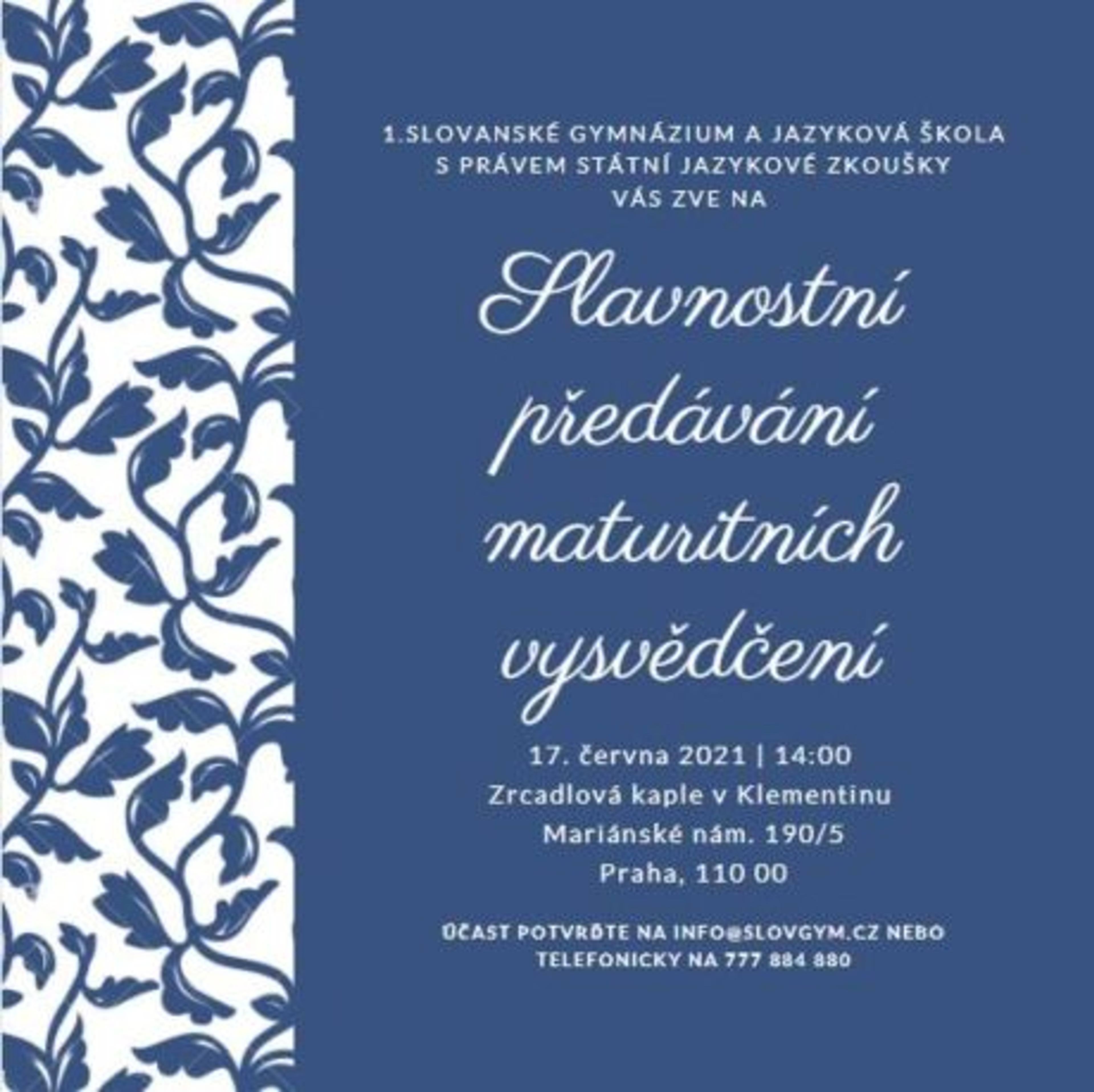 Srdečně vás zveme na slavnostní předávání maturitních vysvědčení
