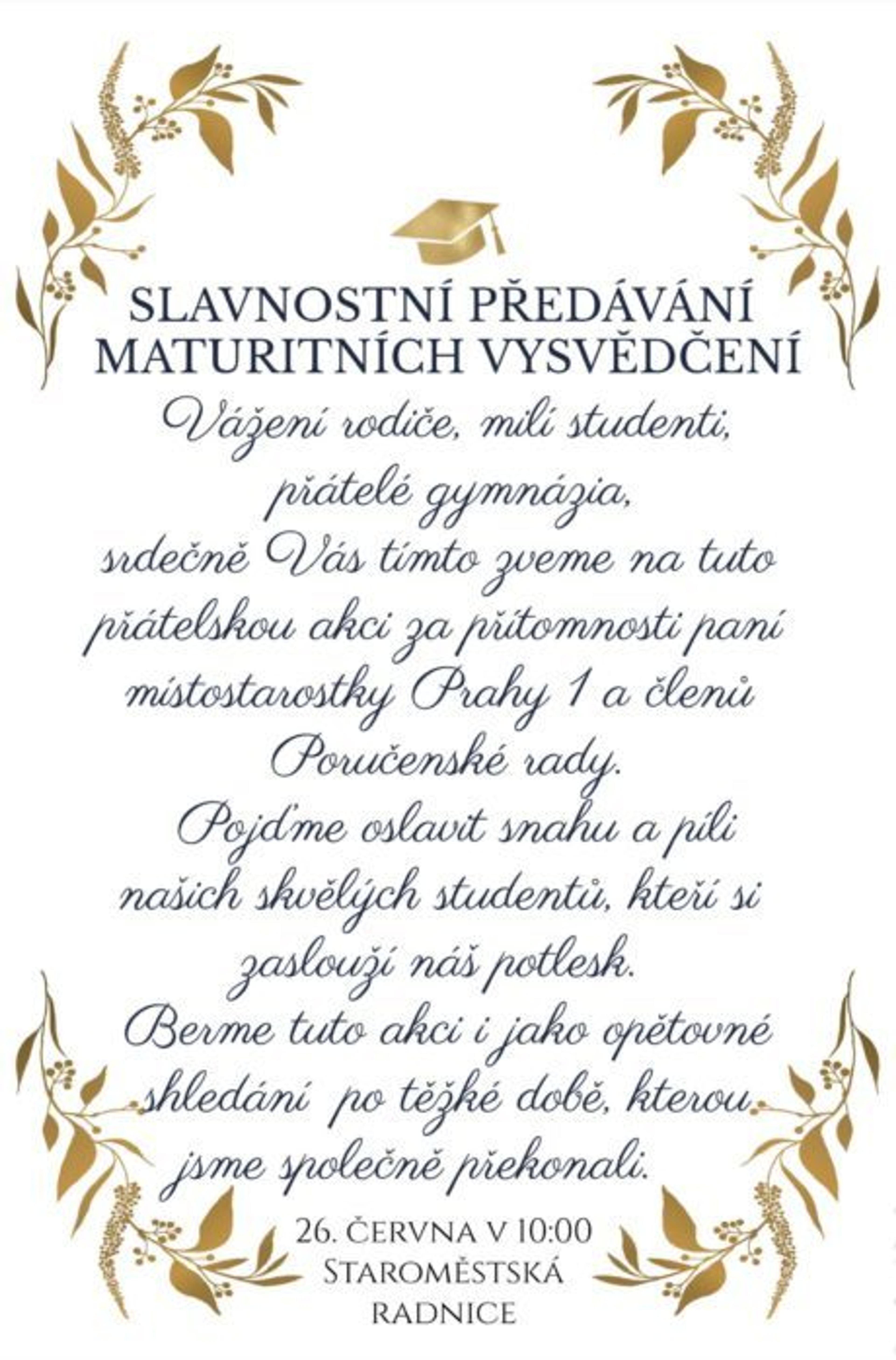 Slavnostní předávání maturitních vysvědčení na Staroměstské radnici