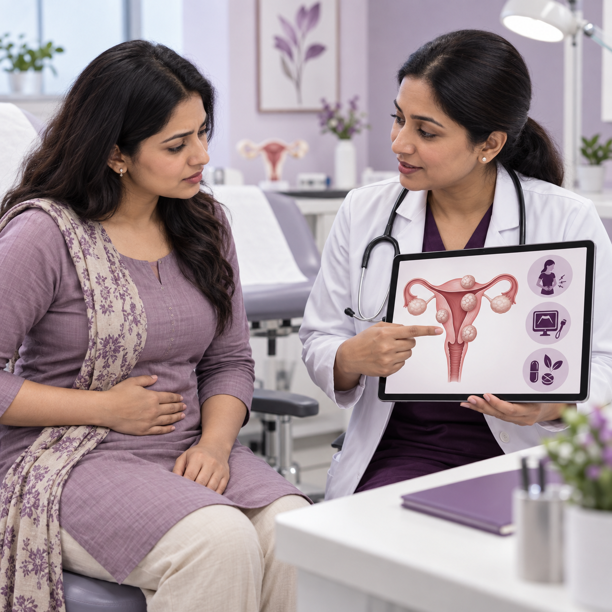 Gynaecologist explaining uterine fibroid treatment options to a patient using a uterus model