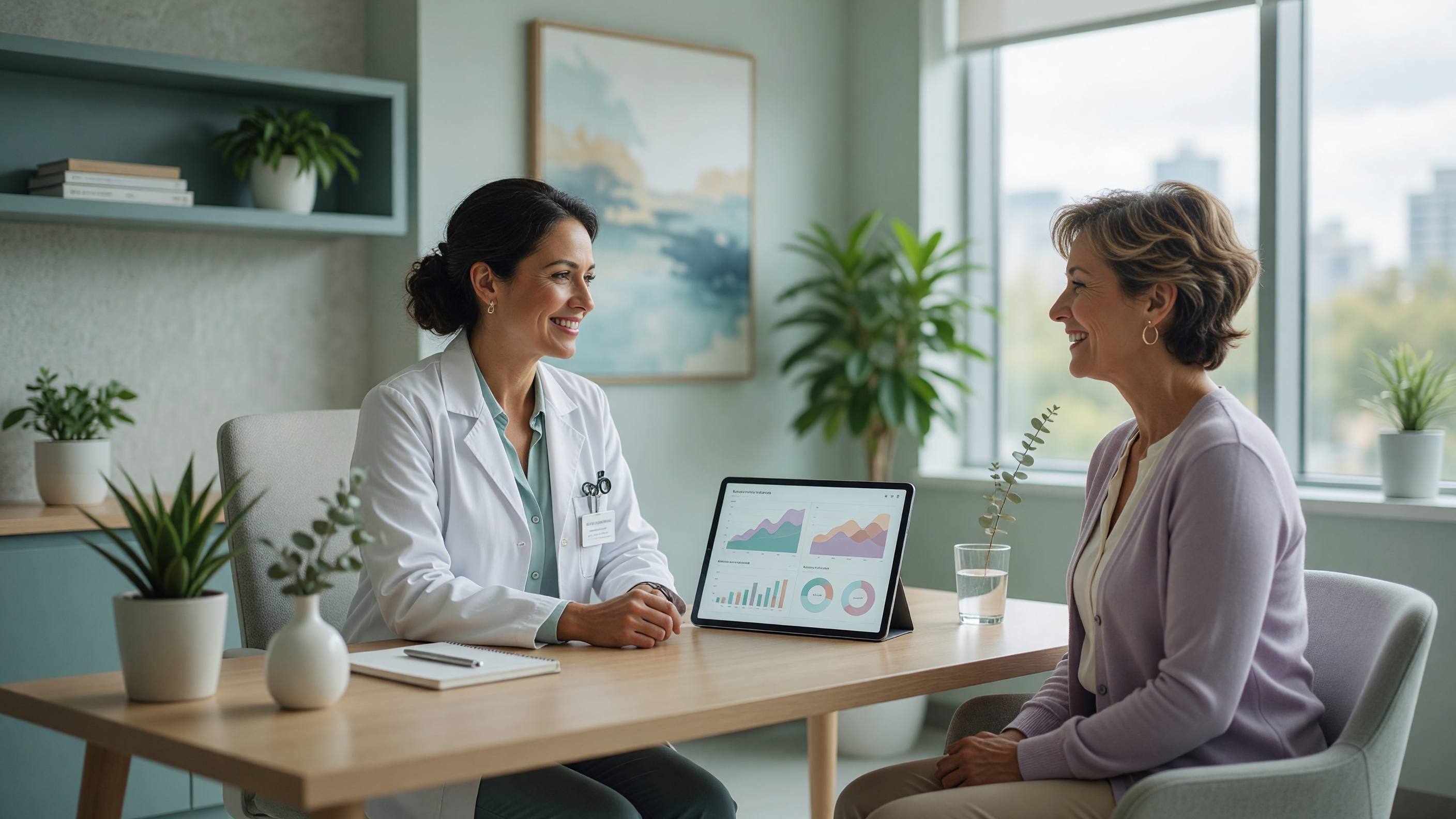Gynaecologist discussing menopause treatment options with a middle-aged woman in a bright consultation room at Lux Hospitals