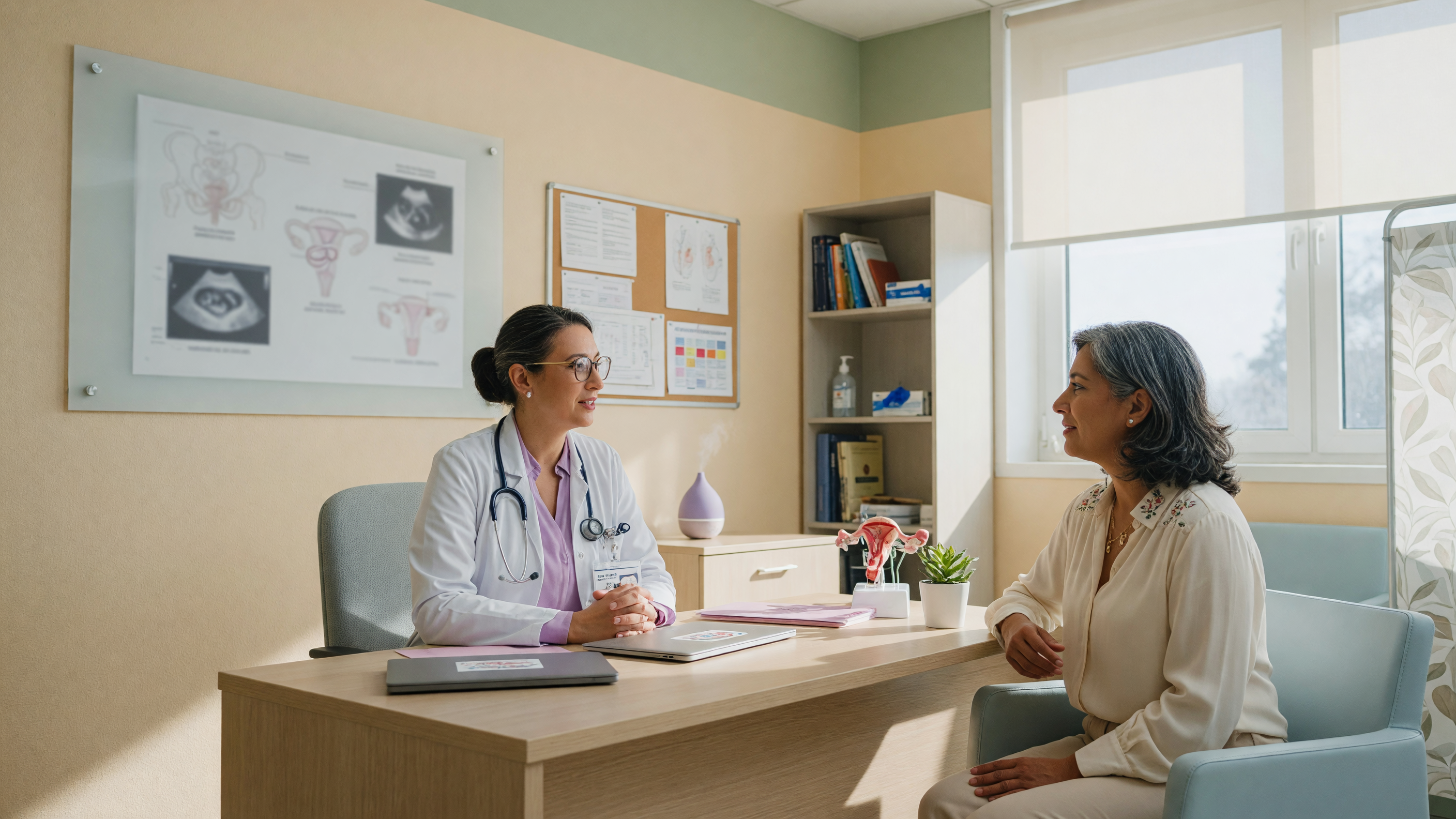 Woman experiencing menopause symptoms consulting a gynaecologist about hot flashes and hormone changes