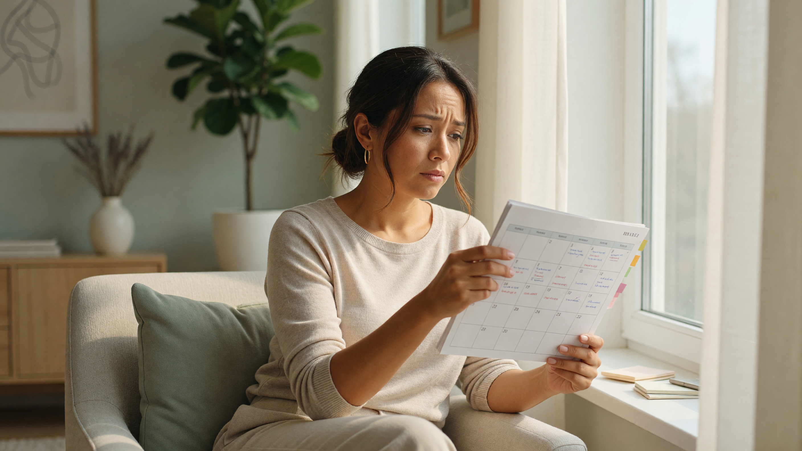 Woman reviewing a calendar concerned about missed periods and their common causes other than pregnancy