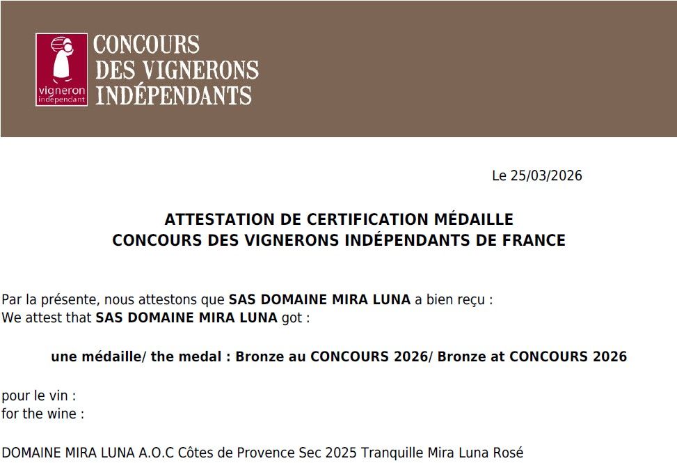 Médaille de Bronze au Concours des Vignerons Indépendants