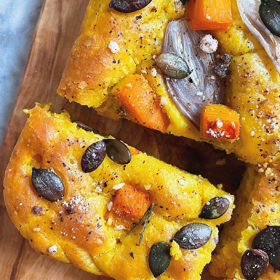 Recette Focaccia à la courge à l'huile d'olives maturées