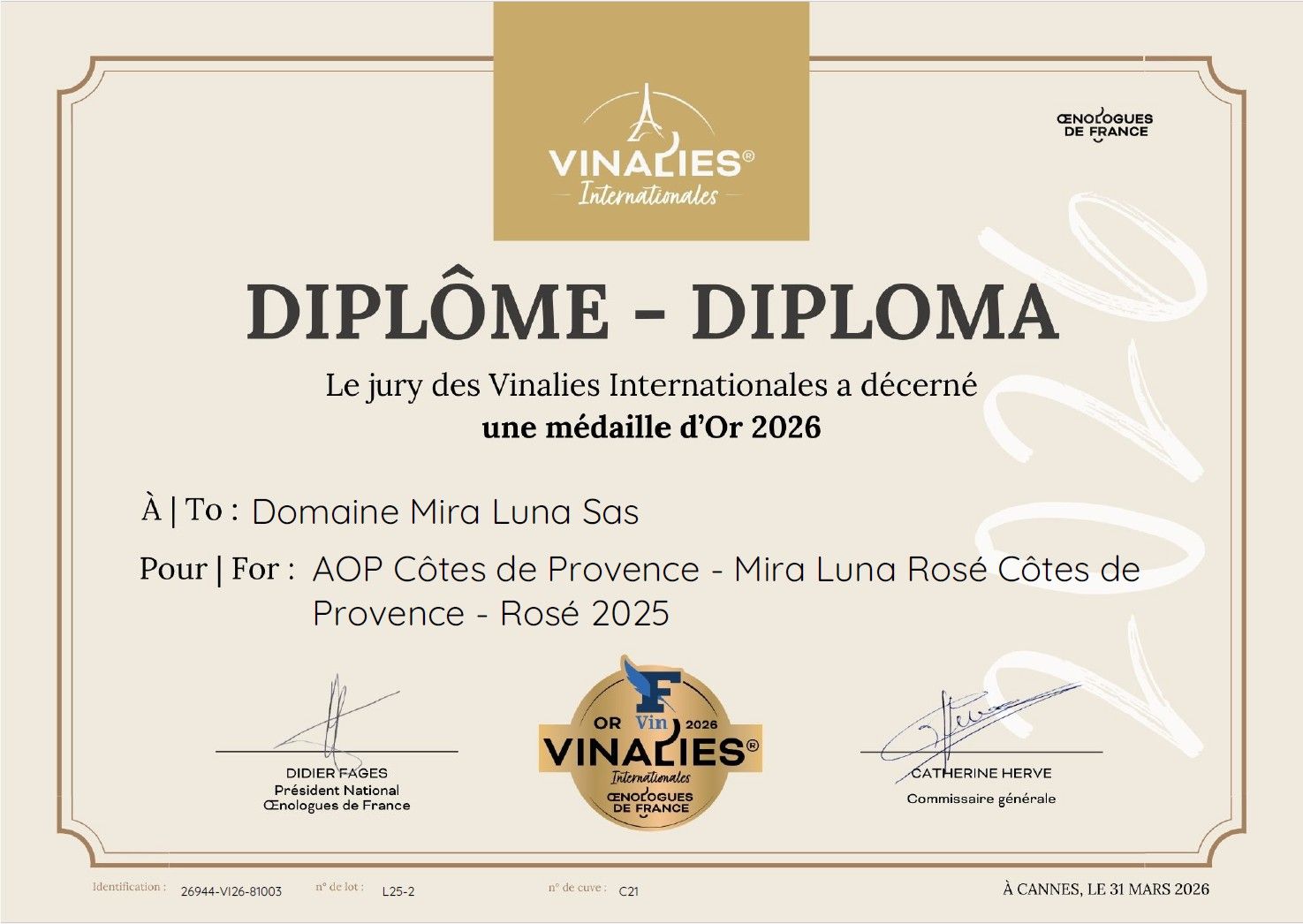 Médaille Or au Concours Vinalies Internationales - Mondial du Rosé