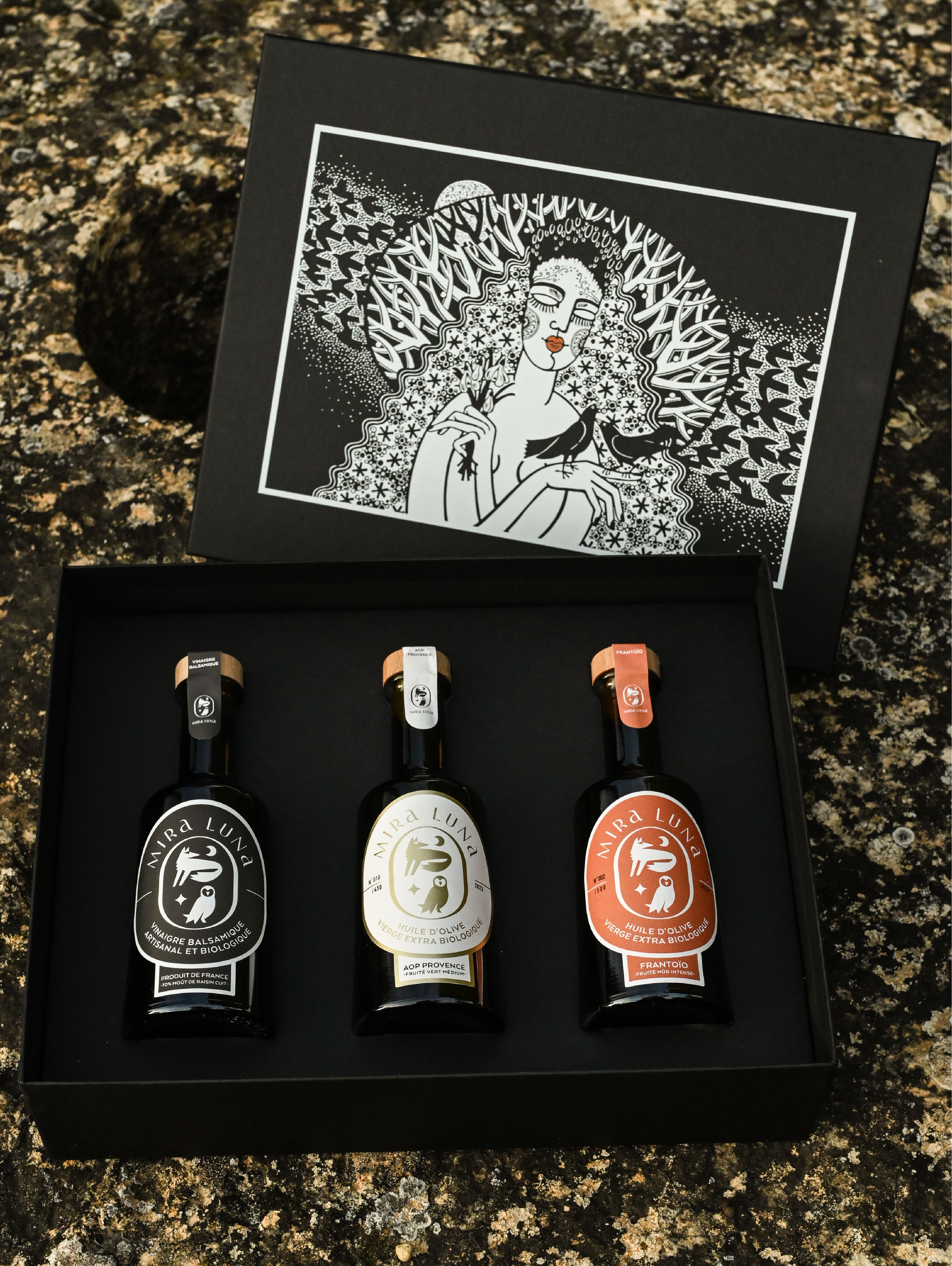 Coffret Vinaigre balsamique et huiles d'olive BIO Mira Luna