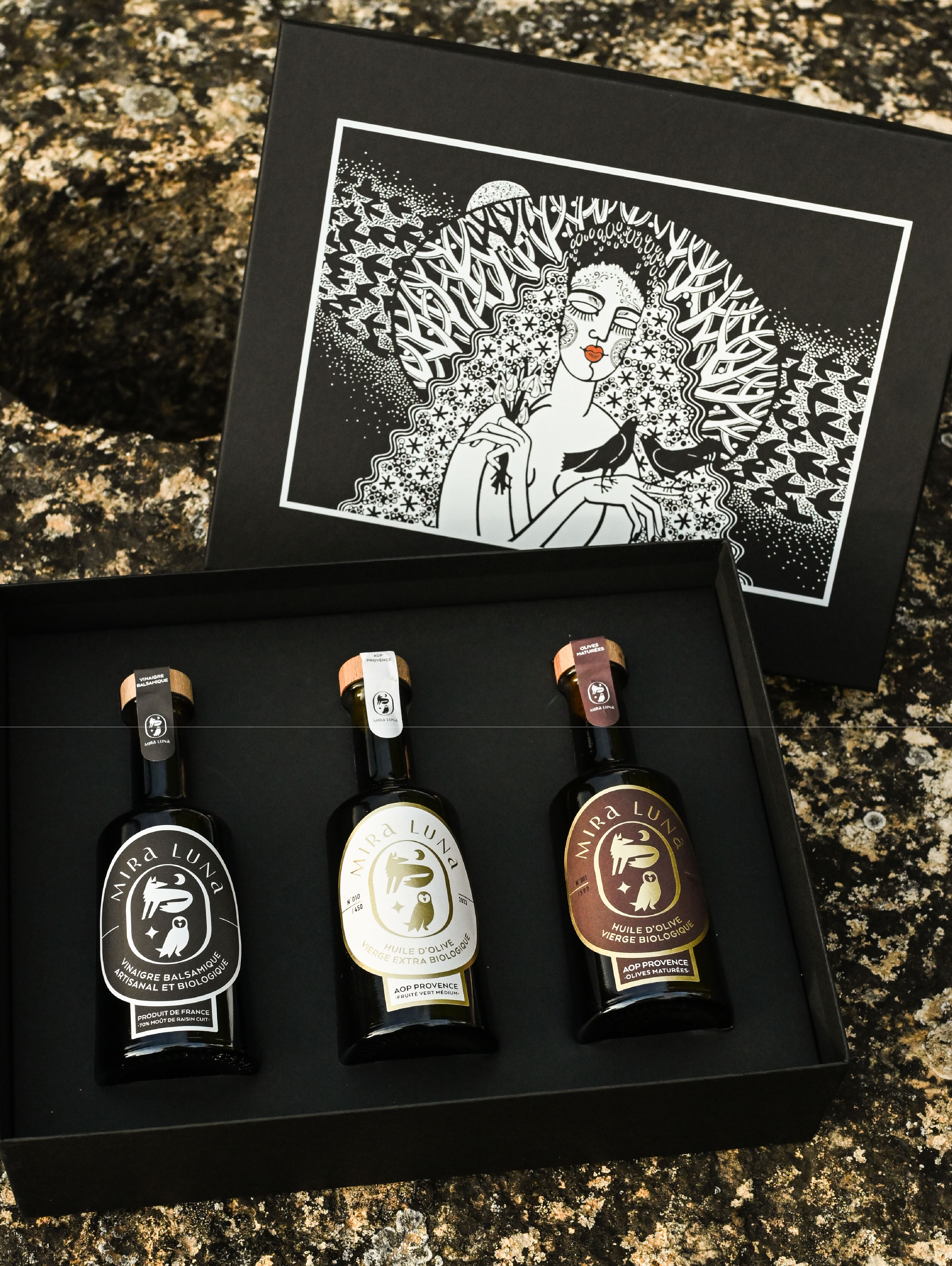 Coffret Vinaigre balsamique et huiles d'olive BIO Mira Luna