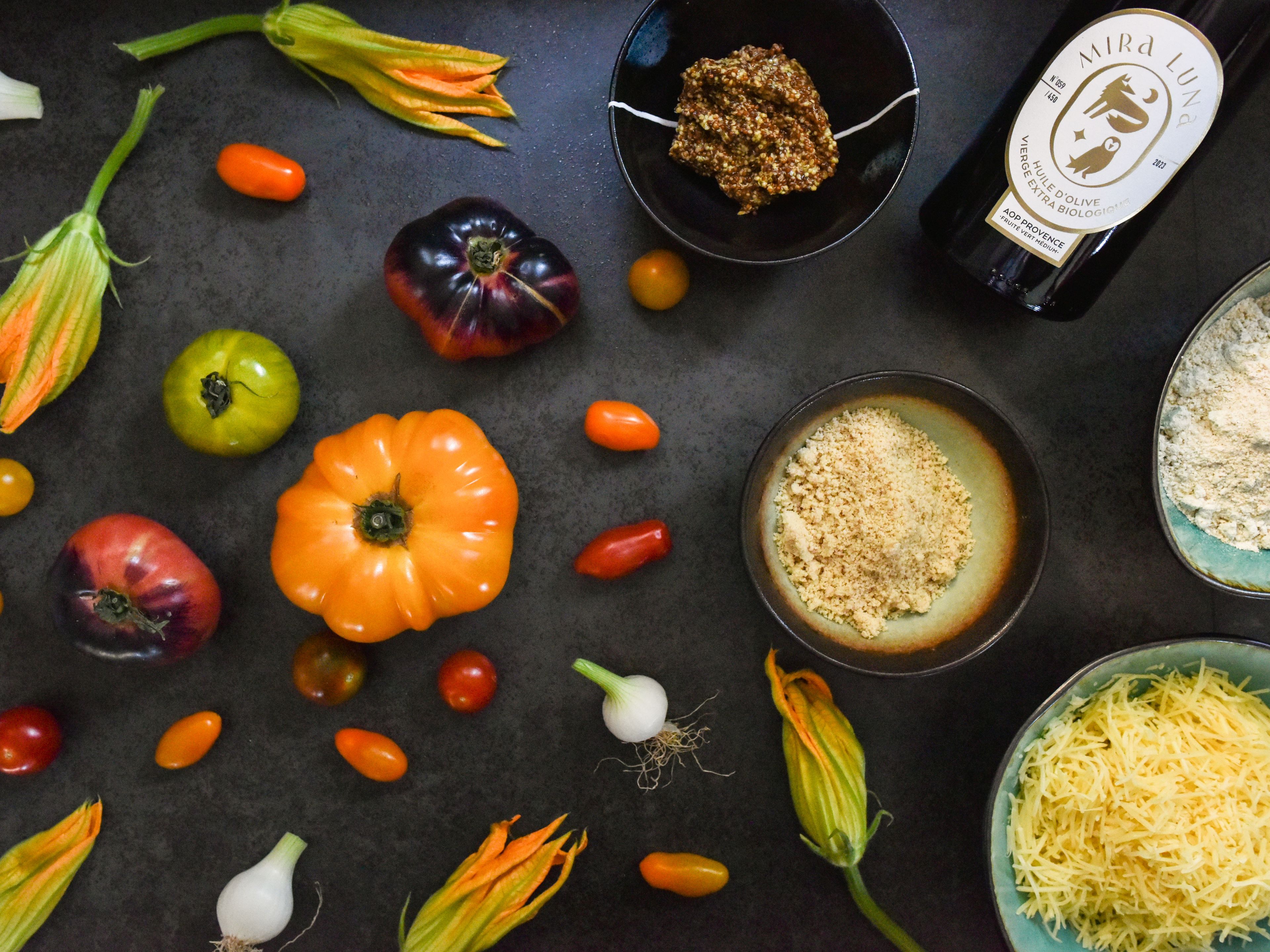 Ingrédients recette tarte fine épeautre et tomates