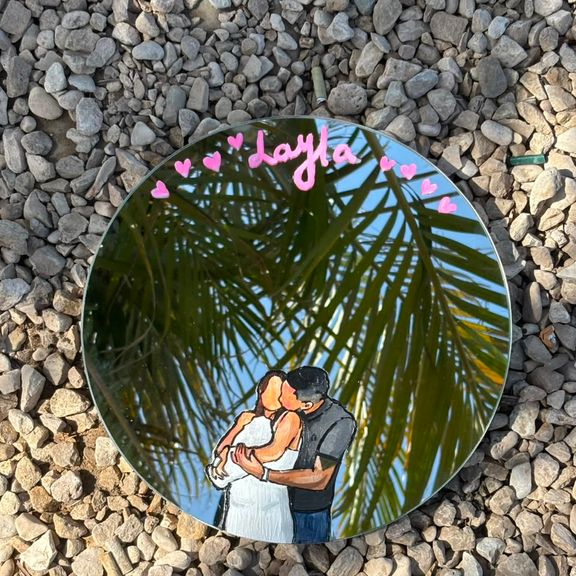 Custom hand-painted round mirror with hearts and a personalized name