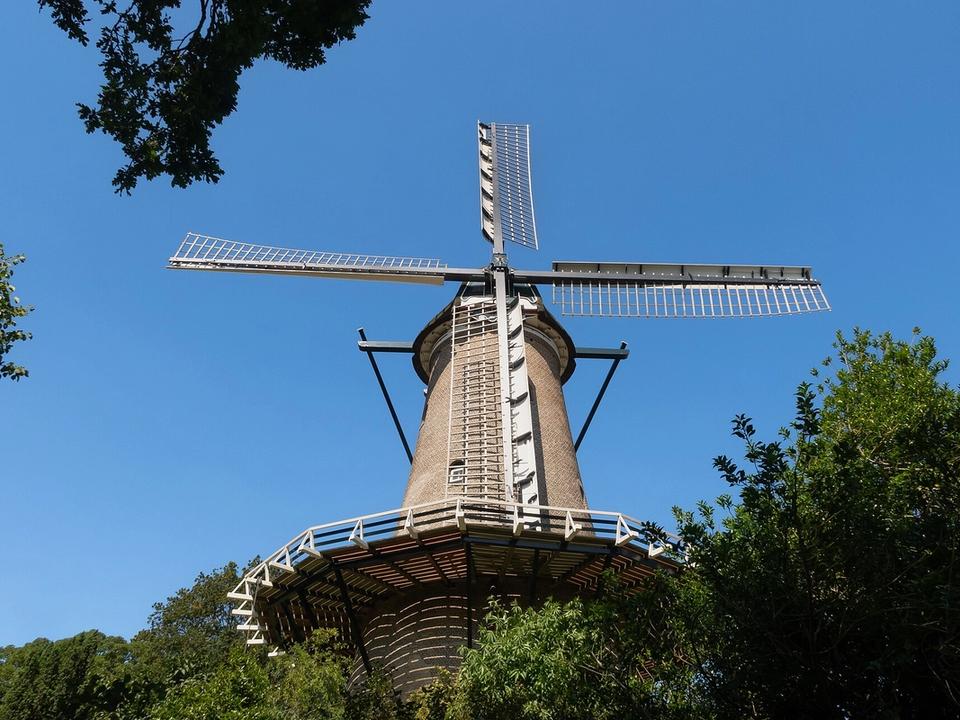 The Molen van Piet windmill above the trees at the edge of Alkmaar city centre on a summer day