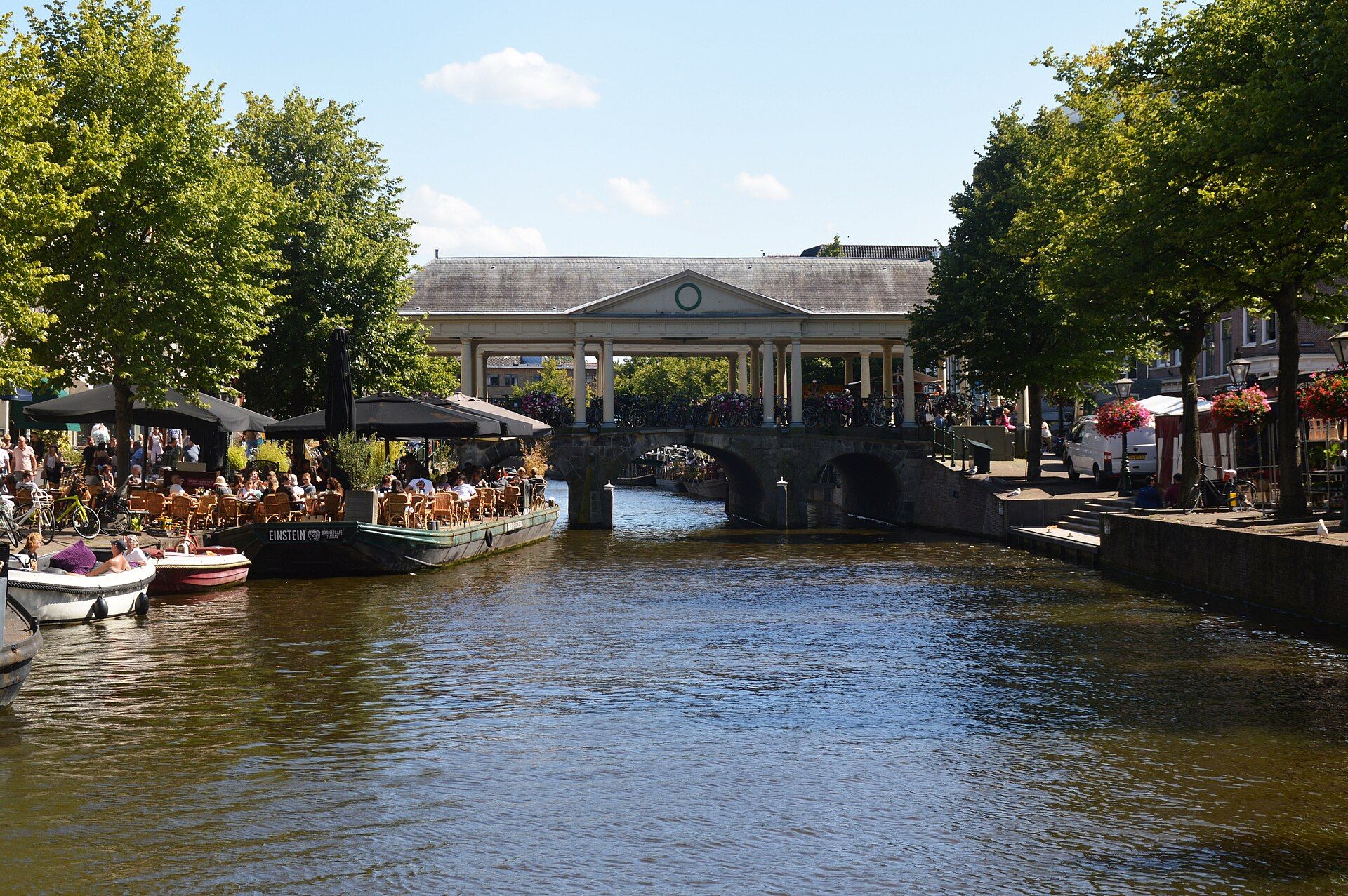 The Nieuwe Rijn canal in central Leiden with the Koornbrug bridge and gabled canal houses
