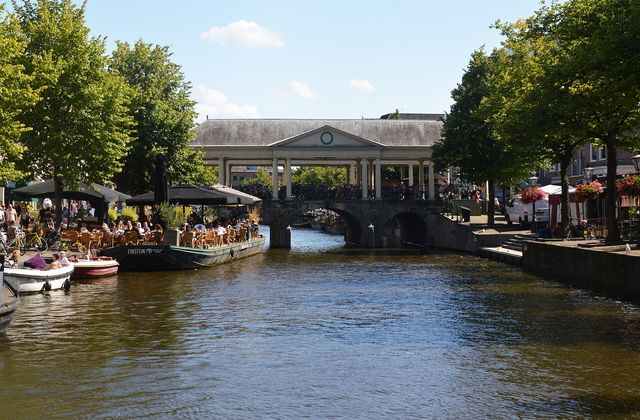 The Nieuwe Rijn canal in central Leiden with the Koornbrug bridge and gabled canal houses