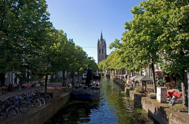 Canal houses along the Oude Delft canal in the historic centre of Delft