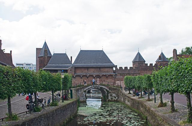 The medieval Koppelpoort gate spanning the river Eem in Amersfoort, seen from the southeast