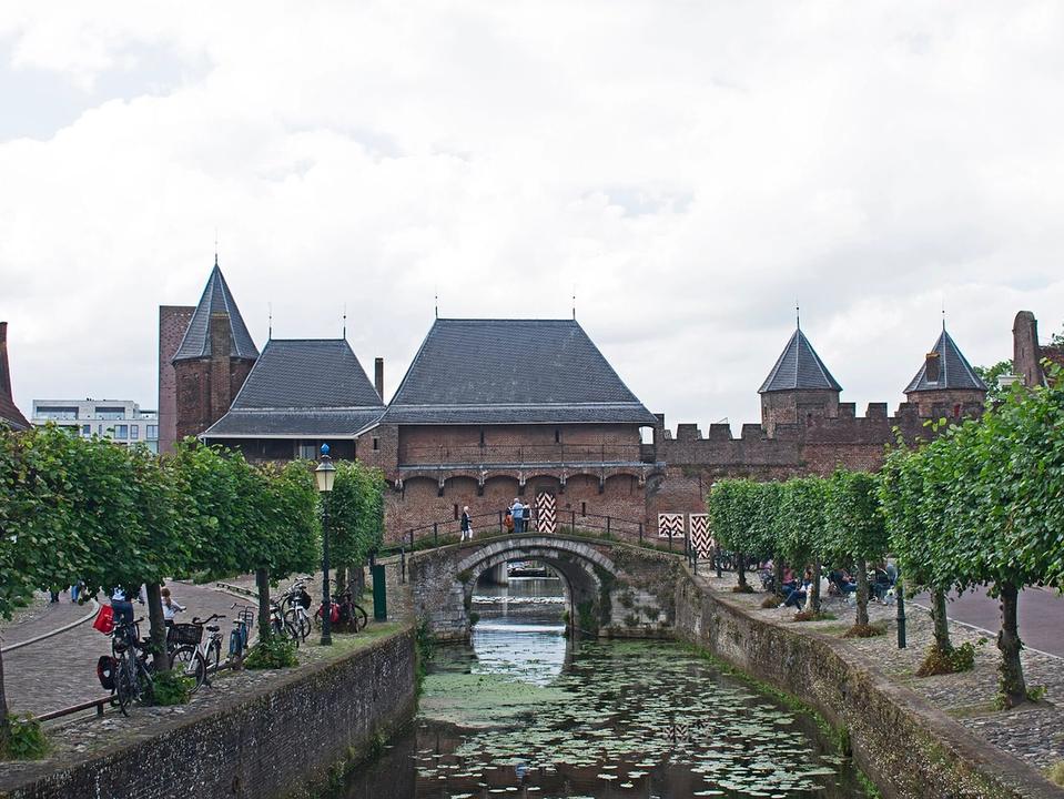 The medieval Koppelpoort gate spanning the river Eem in Amersfoort, seen from the southeast
