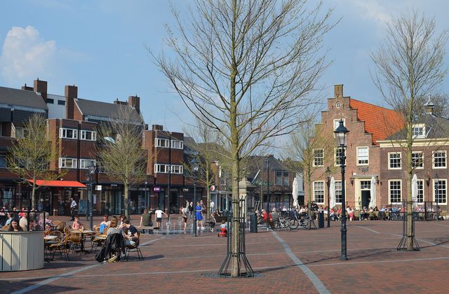 The Wilhelminaplein square with its church tower in Naaldwijk, the main town of Westland