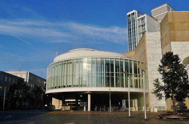 The modern glass town hall on the Stadhuisplein in the centre of Almere
