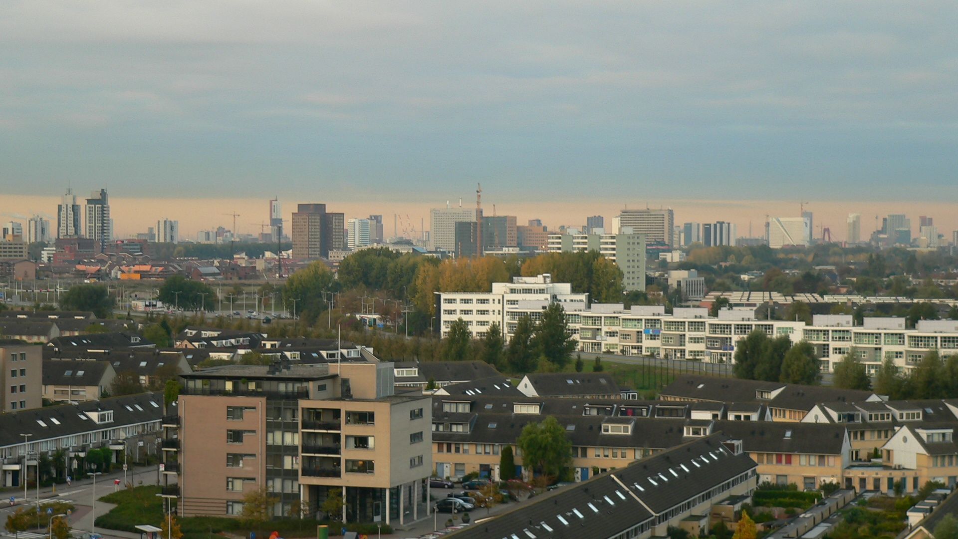 View of the Rotterdam skyline across the water seen from Capelle aan den IJssel