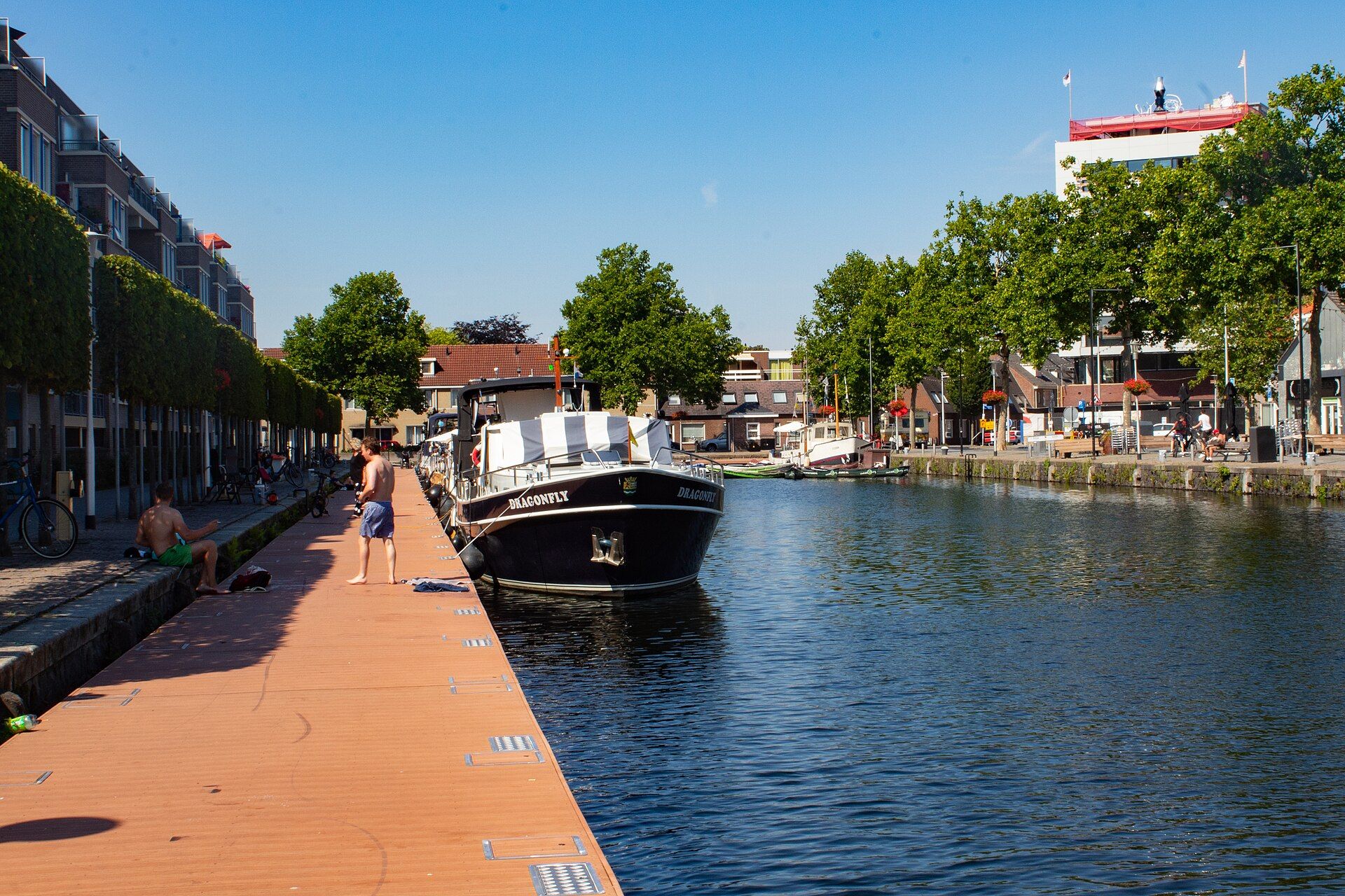 Waterfront apartments and boats along the Piushaven harbour in Tilburg in summer