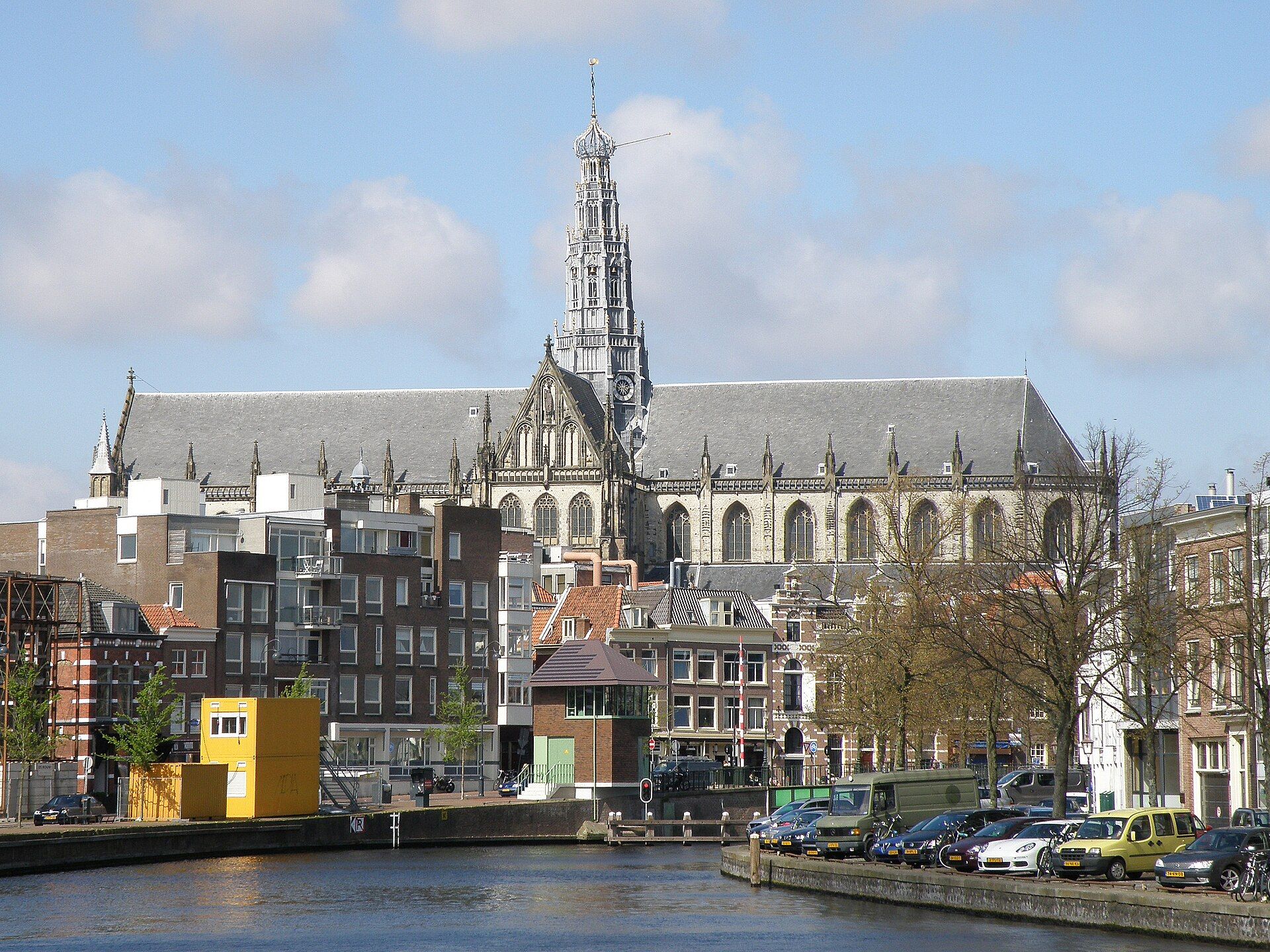 The Spaarne river in Haarlem with the Grote of Sint-Bavokerk rising above the old town rooftops